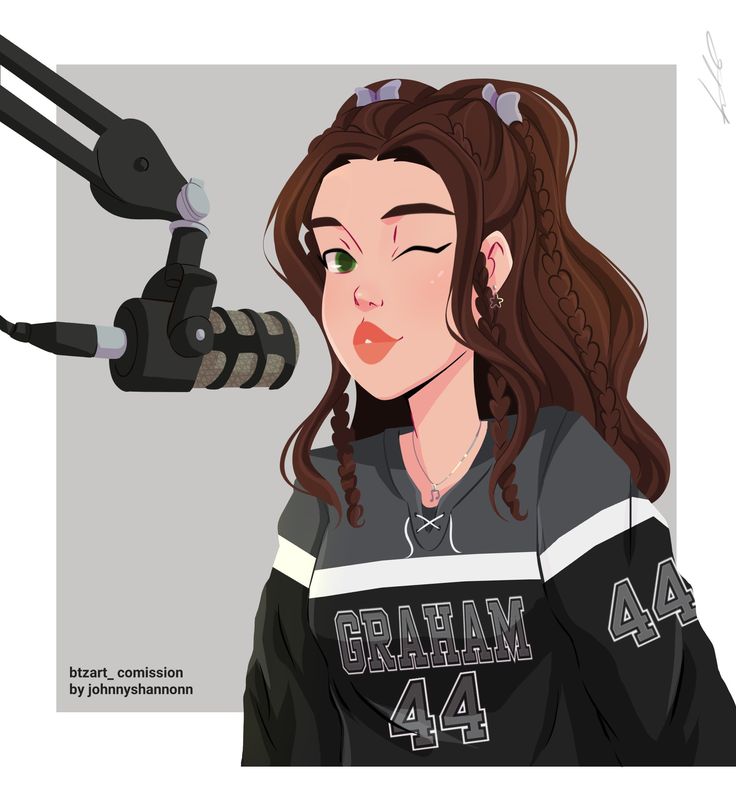 a drawing of a girl with long brown hair and green eyes holding a microphone in front of her face