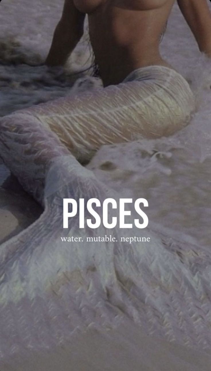 a naked woman sitting in the water on top of a surfboard with words pisces written below her