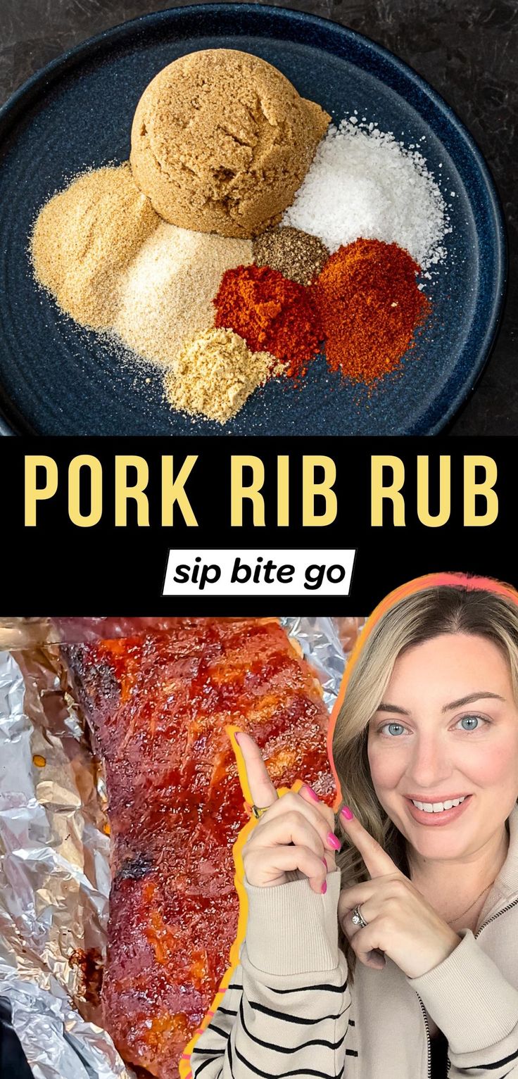 Spice Blend for Homemade Pork Rib Rub Recipe with smoking ribs on the Traeger and Sip Bite Go logo with text overlay Pork Rib Rub Recipe, Pulled Pork Rub Recipe, Smoked Ribs Rub, Pork Rib Dry Rub, Easy Pork Ribs, Bbq Pork Rub, Rub For Pork Ribs, Pork Rub Recipe, Smoked Pork Recipes