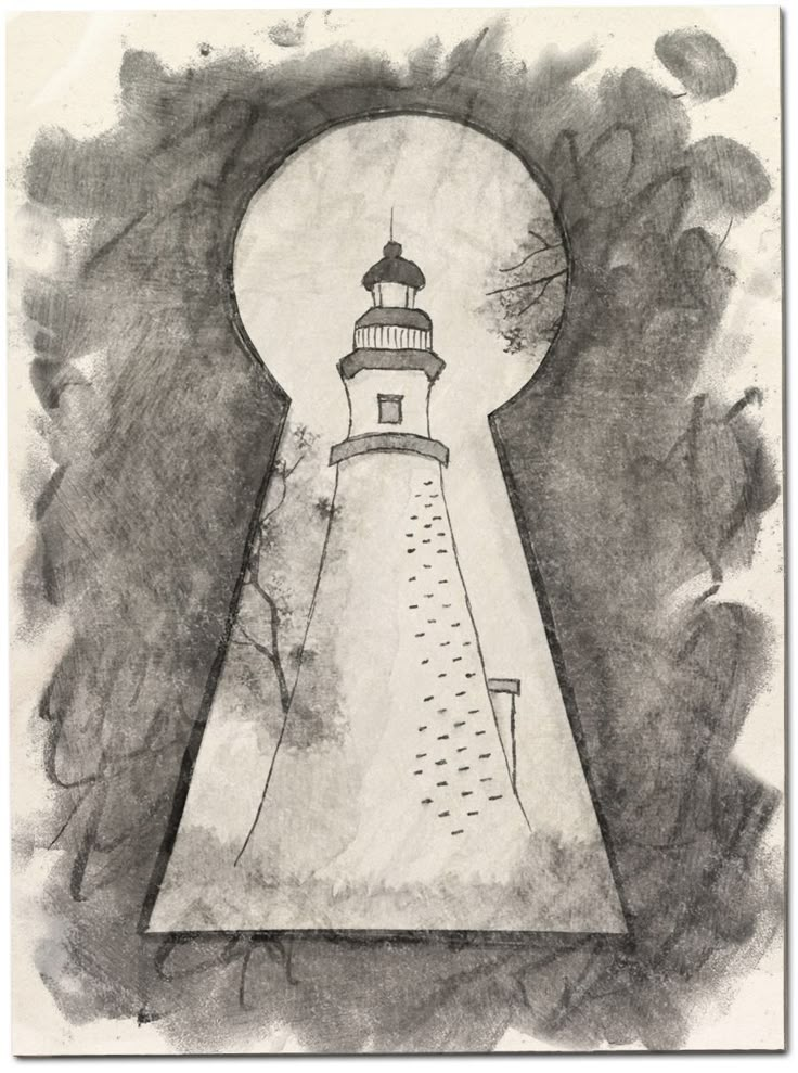 a black and white drawing of a keyhole with a lighthouse in the middle on it