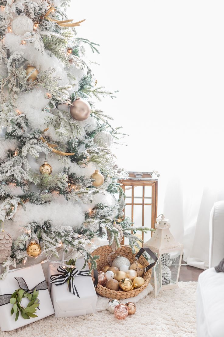 a white christmas tree with presents in front of it and the caption that says, merry