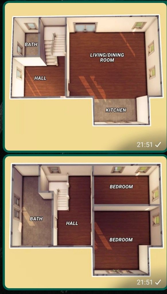 two floor plans showing the living room and bedroom in each apartment, one with an attached bathroom