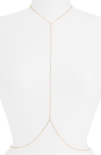 Glam up your look with this dainty body chain detailed with beaded stations for elegant sparkle. 18k-gold plate or sterling silver plate Made in the USA or imported Minimalist Gold Body Chain, Dainty Gold Body Chain For Party, Delicate Gold Body Jewelry For Party, Delicate Adjustable Gold Body Jewelry, Minimalist Gold Clavicle Body Chain, Adjustable Delicate Gold Body Chain, Gold Lariat Body Jewelry As Gift, Gold Pearl Chain Body Chain As Gift, Gold Pearl Body Chain For Gift