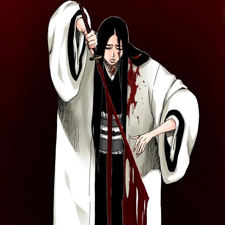 an anime character is holding a knife and wearing a white robe with blood on it