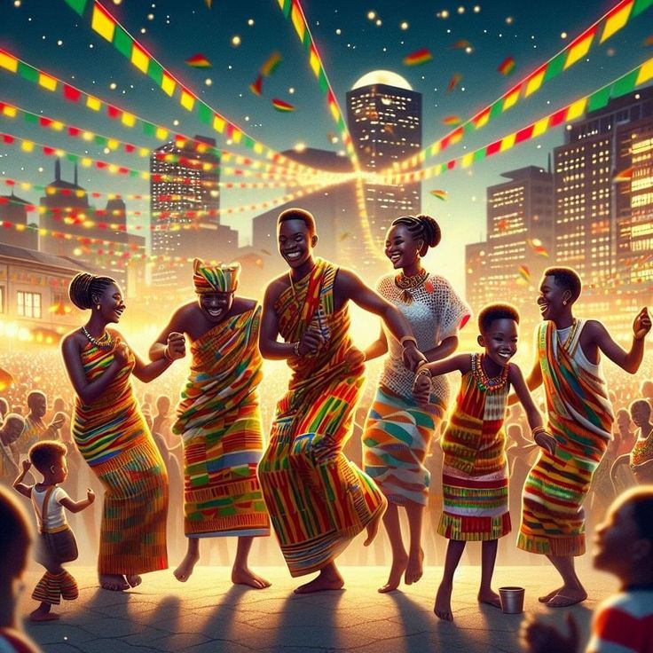 a group of women in colorful dresses dancing on a city street at night with bright lights