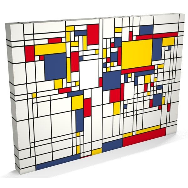 an abstract art piece with squares and rectangles in red, yellow, blue, and white