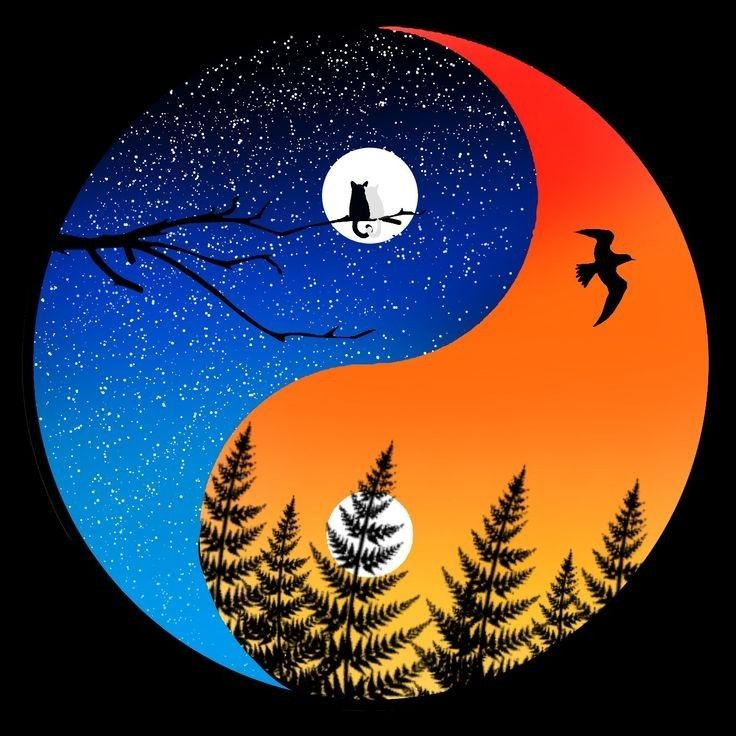 the yin symbol is painted with trees and birds in front of an orange, blue, and yellow sky