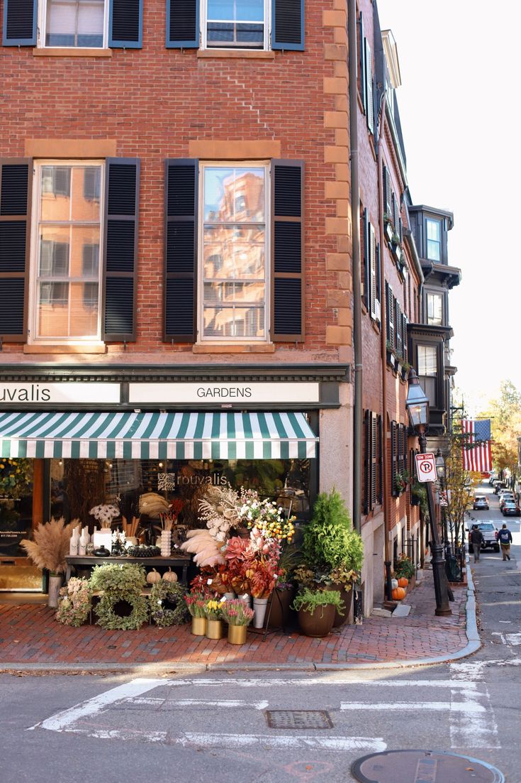 a store front with flowers and plants on the side of the street in front of it