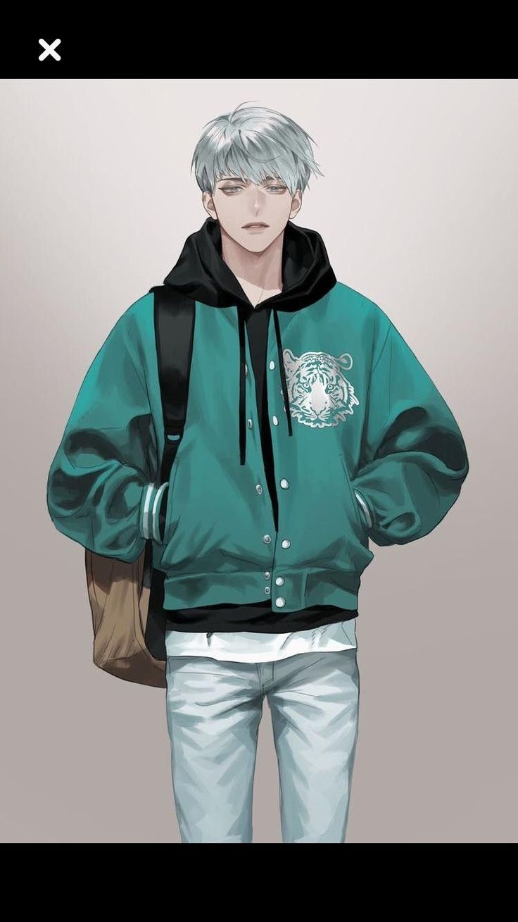 an anime character wearing a green jacket and white pants with his hands in his pockets