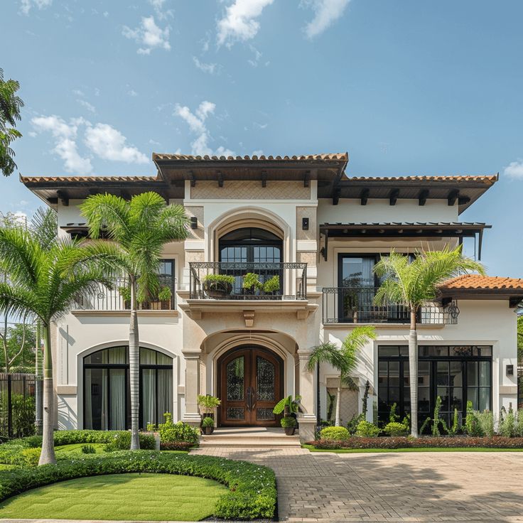 a large white house with palm trees and bushes around it's front entrance, on a sunny day