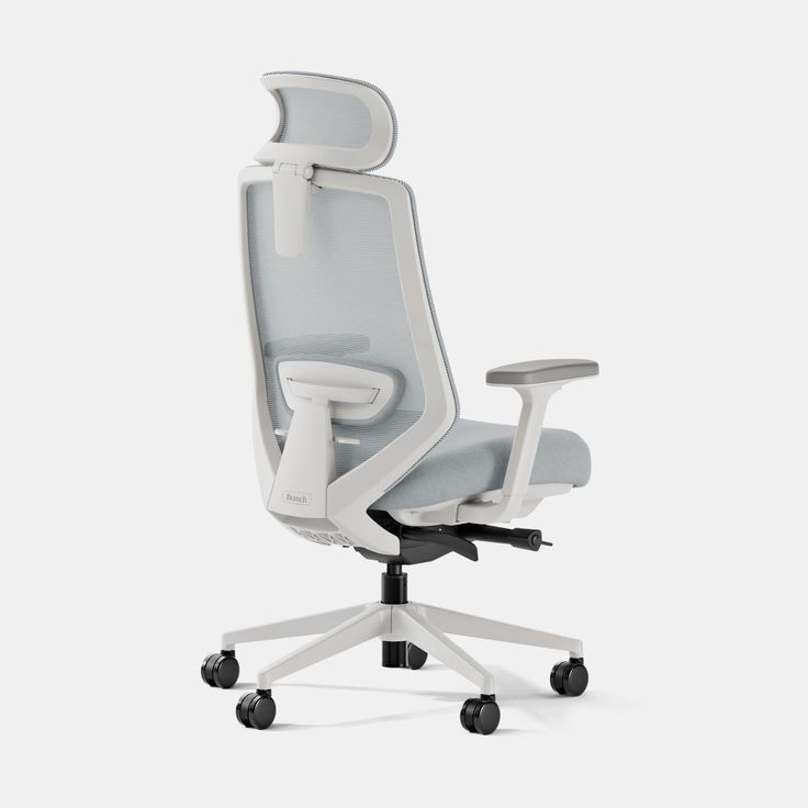 a white office chair with wheels and arms