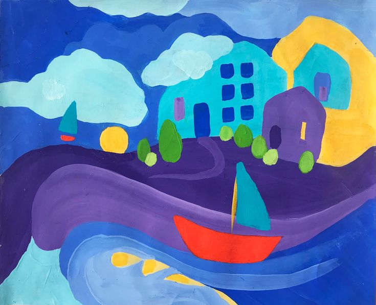 a painting of a boat floating in the water with houses and buildings behind it on a blue background