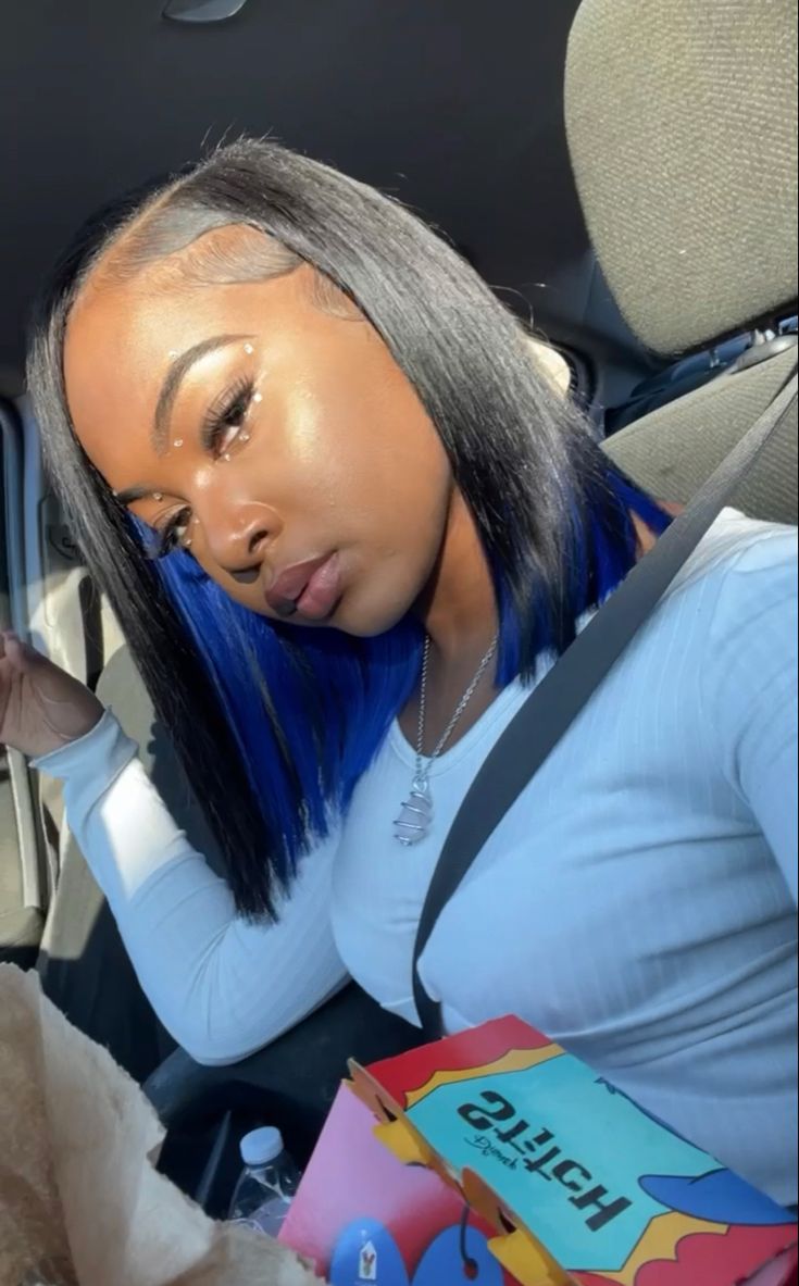 Peak A Boo Bob Weave, Middle Part Bob With Color, Dark Blue Hair Dye Ideas, Peek A Boo Bob Wig, Blue Peak A Boo, Blue And Black Quick Weave, Peak A Boo Bob, Bob With Color Underneath Black Women, Black And Blue Hair Black Women