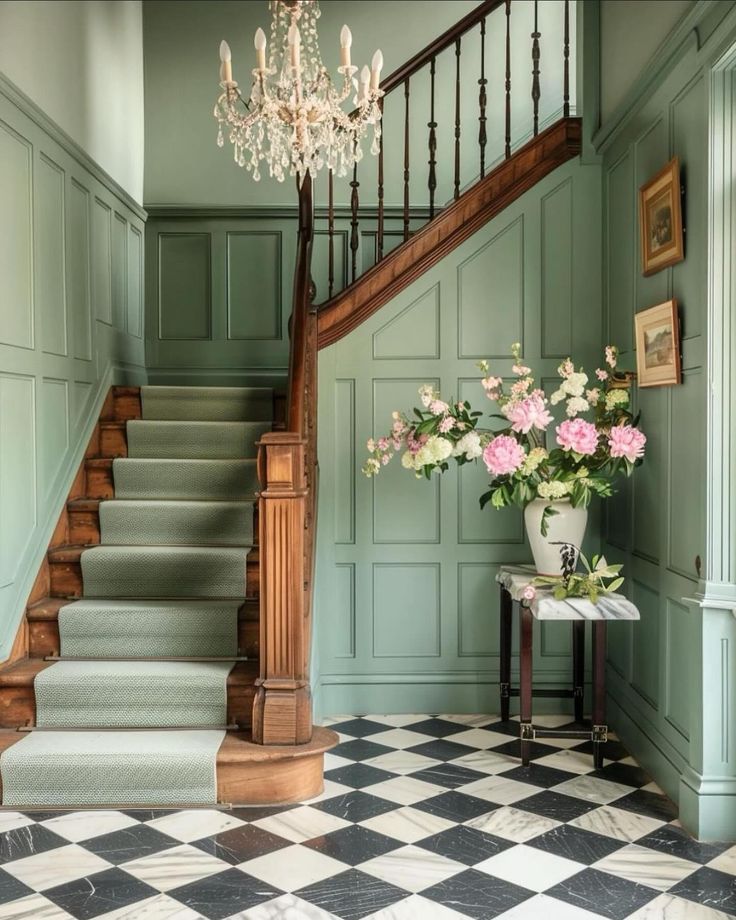 a room with green walls, stairs and flowers on the table in front of it