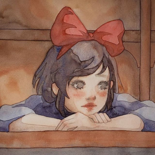 a watercolor painting of a girl with a red bow on her head