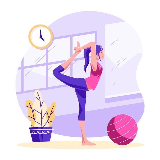 a woman is doing yoga in front of a window with a clock on the wall