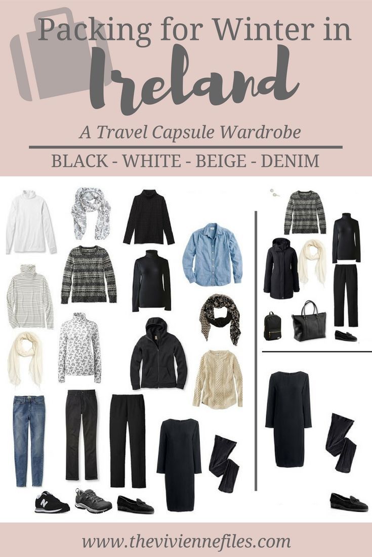 packing for winter in ireland with travel capsule wardrobe black - white - beige - denim