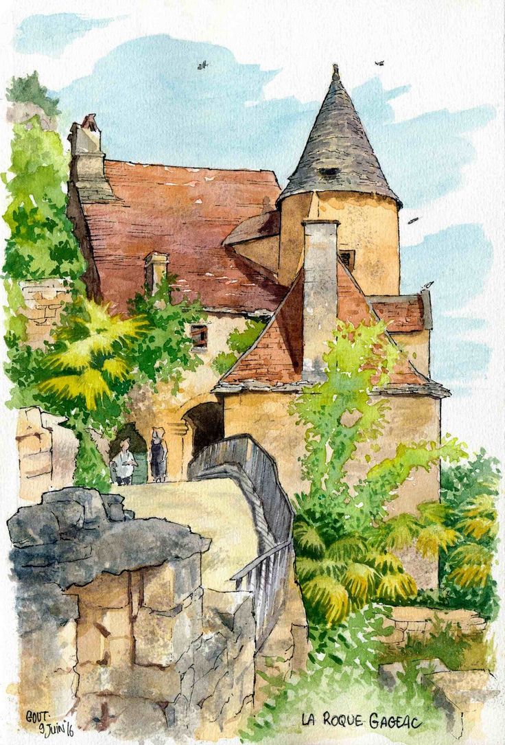 watercolor painting of an old castle with trees and bushes