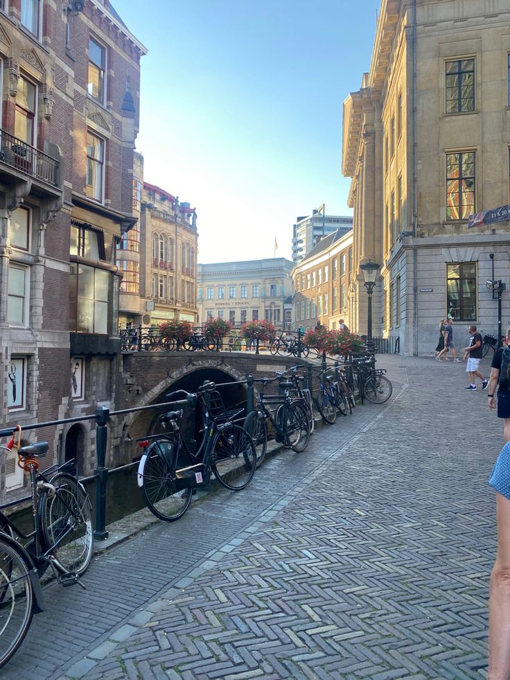 several bicycles are parked along the side of a canal