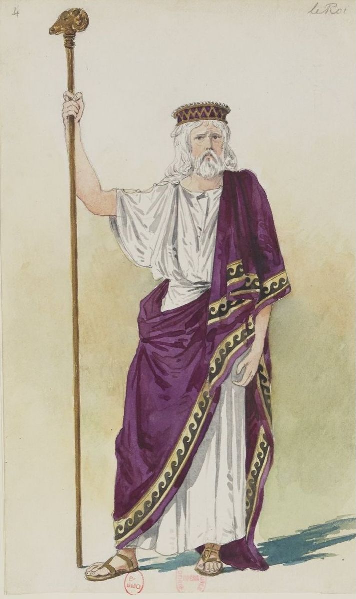 an old man dressed in purple and gold with a staff standing next to his head