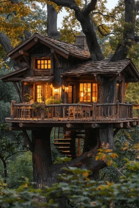 a tree house in the middle of some trees with lights shining on it's windows