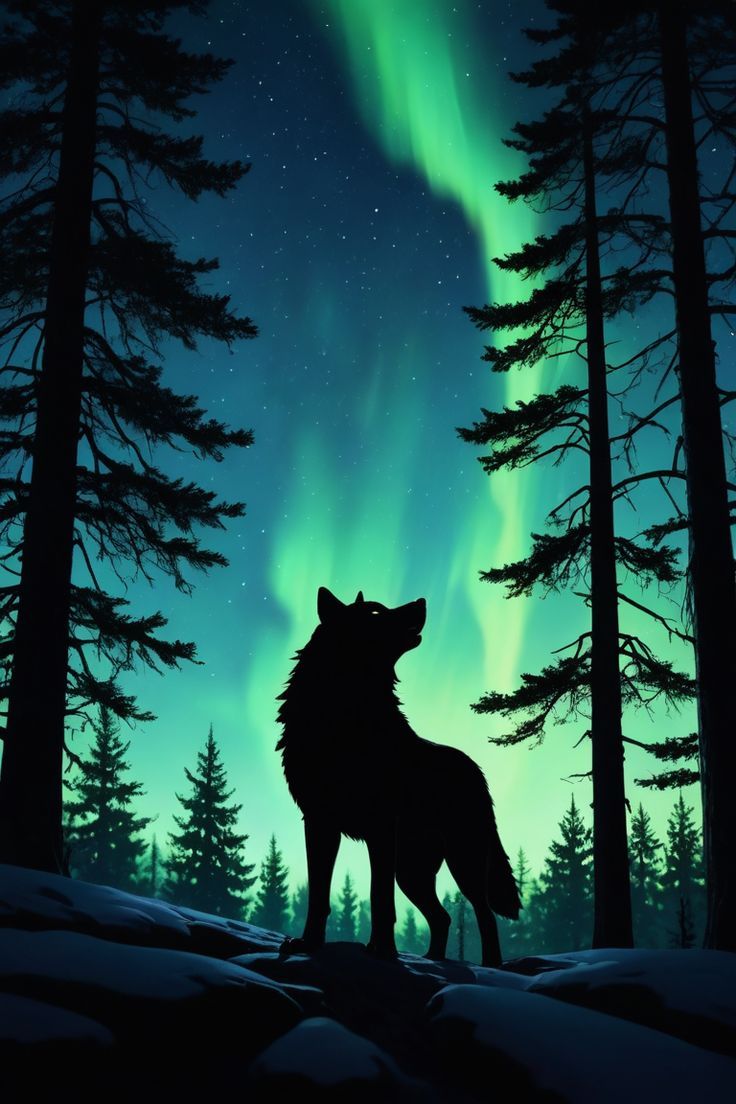 a wolf standing in the middle of a forest with an aurora light behind it's back