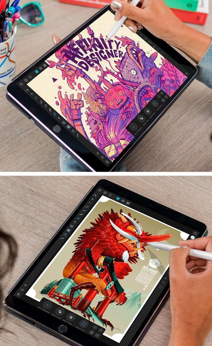 two pictures of someone drawing on an ipad