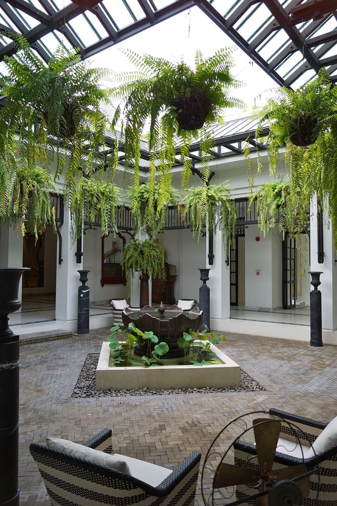 an indoor courtyard with potted plants and chairs