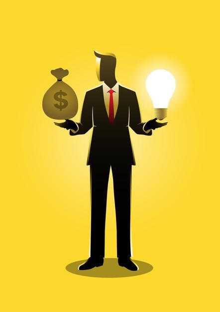 a man in a suit holding a light bulb and money bag