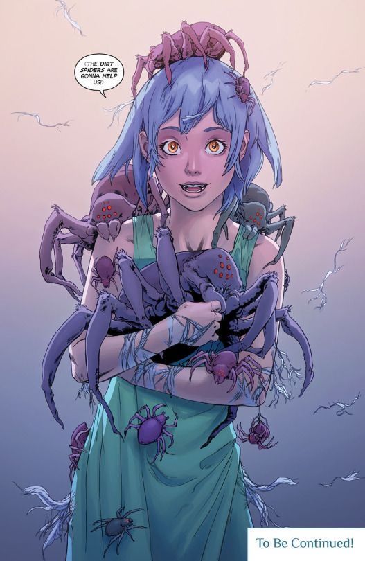 a woman with blue hair holding a spider in her arms