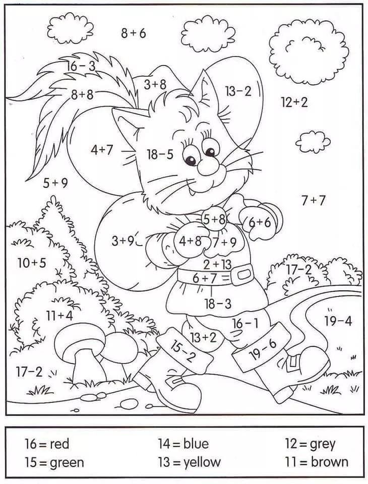 a coloring page with numbers and an image of a cat in the forest, which has been