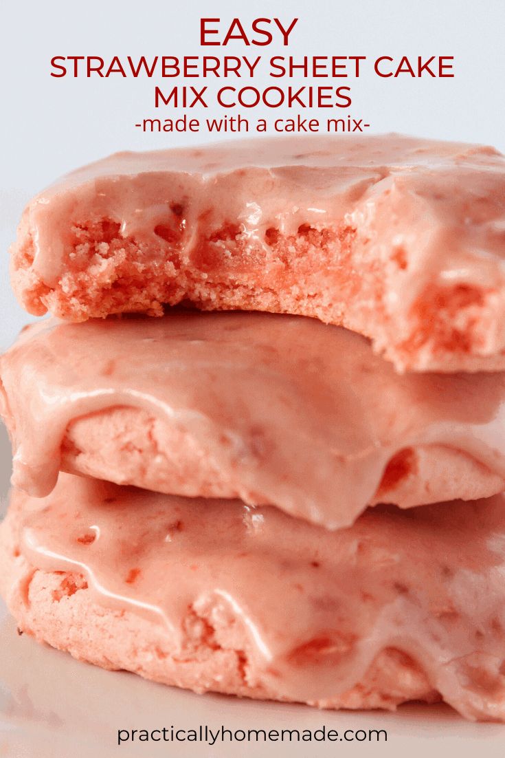 strawberry sheet cake mix cookies stacked on top of each other