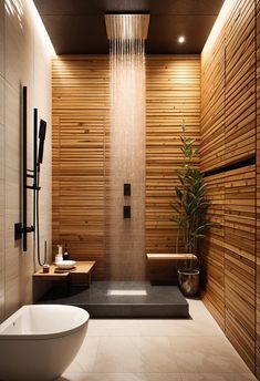 a modern bathroom with wooden walls and flooring