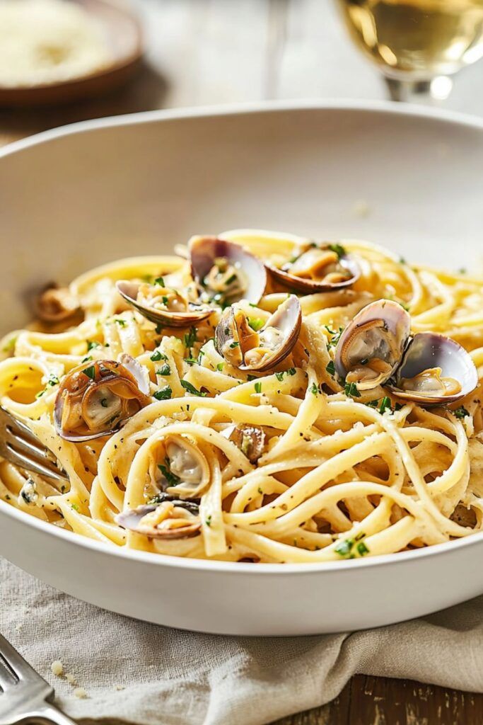 pasta with clams and parsley in a white bowl