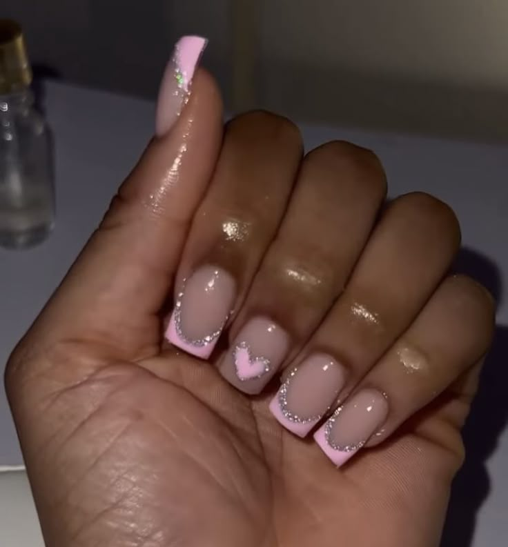 Nails Acrylic School Short, Short Nail Set Pink French Tip, Short Sparkly Nails Acrylic, Birthday Nails Manicure, Baddie Short Square Nails, Nails For Your Birthday Short, Pink French Tip Nails Acrylics Long With Designs, Cute Birthday Nails Acrylic Short, Peach French Tip Nails Square