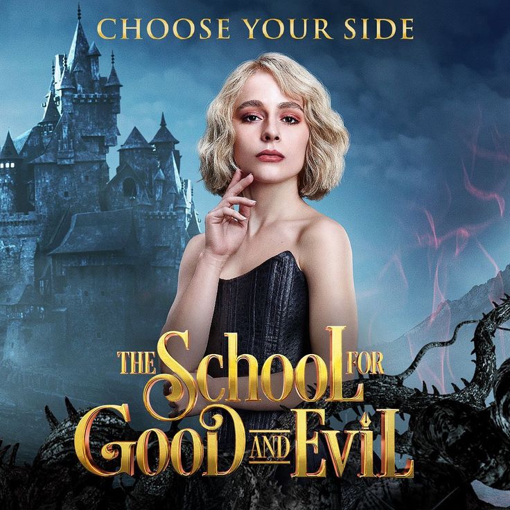 the school for good and evil poster with a blonde woman in front of a castle