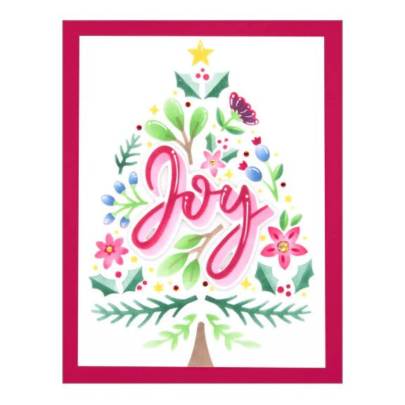 a christmas card with the word joy written in pink and green on top of a tree