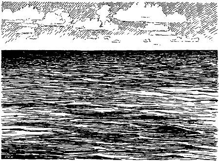 the ocean and sky are drawn by hand with ink on paper, vintage line drawing or engraving