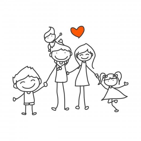 a drawing of a family holding hands with a red heart above them and the words love written on it