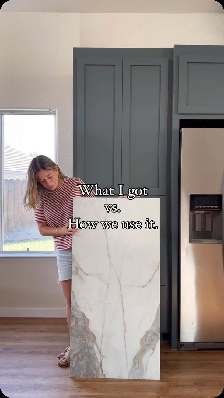 a woman standing next to a refrigerator with the words what i got vs how we use it