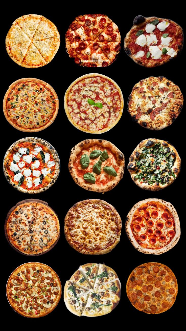 nine different types of pizzas with toppings on them