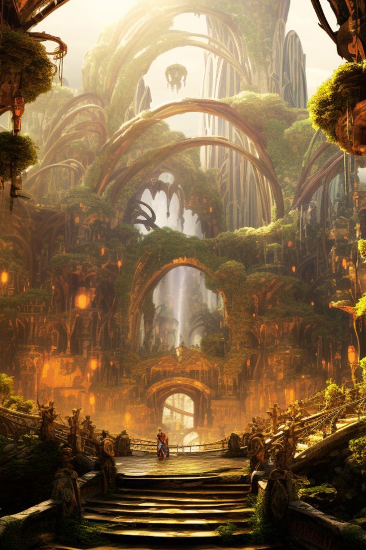 an image of a fantasy setting with stairs leading up to the entrance and lots of greenery