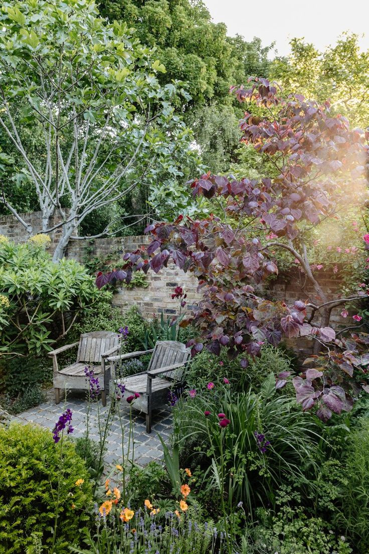 two wooden chairs sitting in the middle of a garden