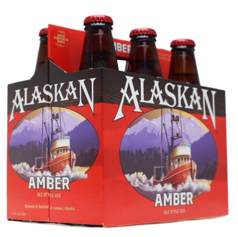 alaskan amber beer bottles in a cardboard box