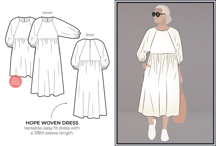 a woman in a white dress and sunglasses is shown with the pattern for her long sleeved dress