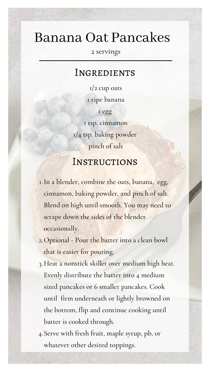 a banana oat pancake recipe on a plate with blueberries and other ingredients