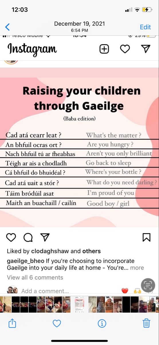 the instagram page on an iphone with text reading raising your children through gaeilge