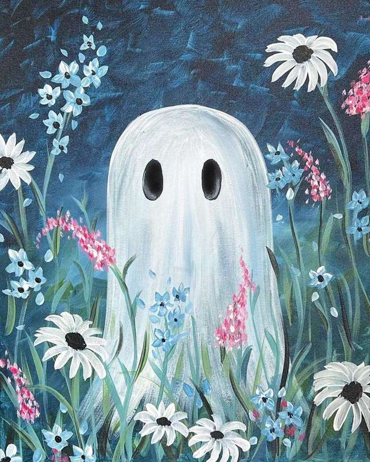 a painting of a ghost surrounded by flowers and daisies