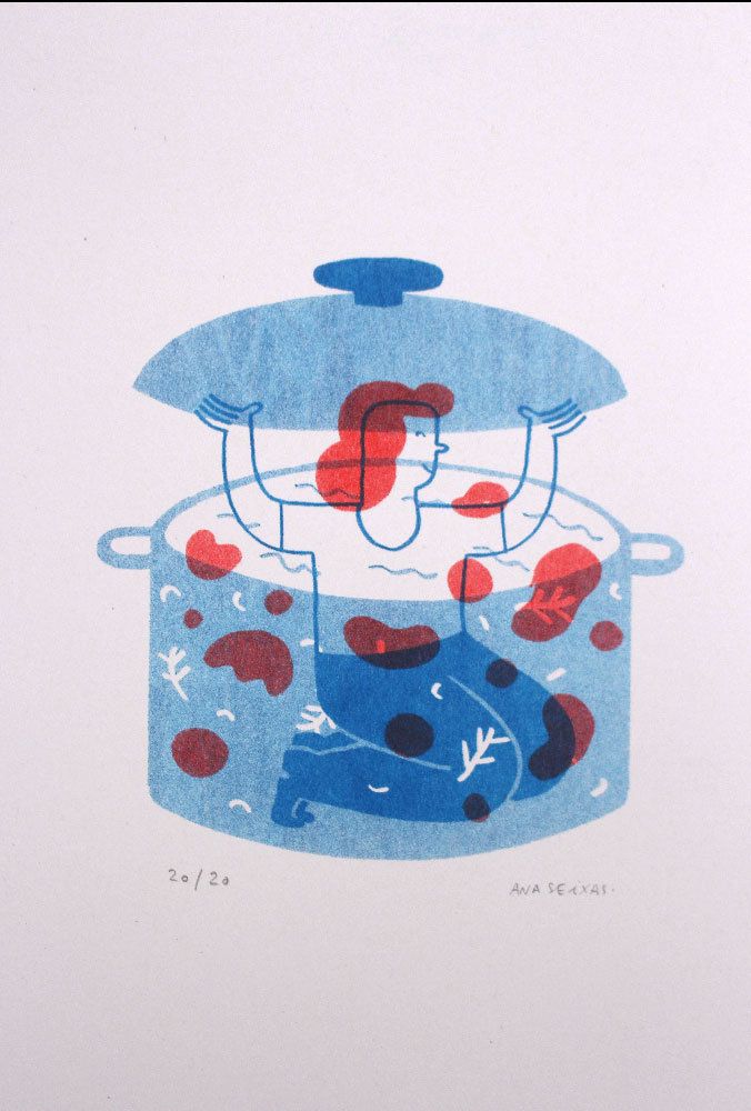 a drawing of a blue pot with red fish in it