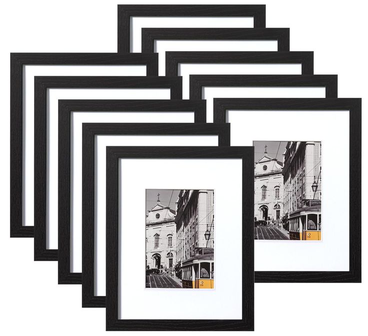 four black and white frames with an old building in the background, set of five